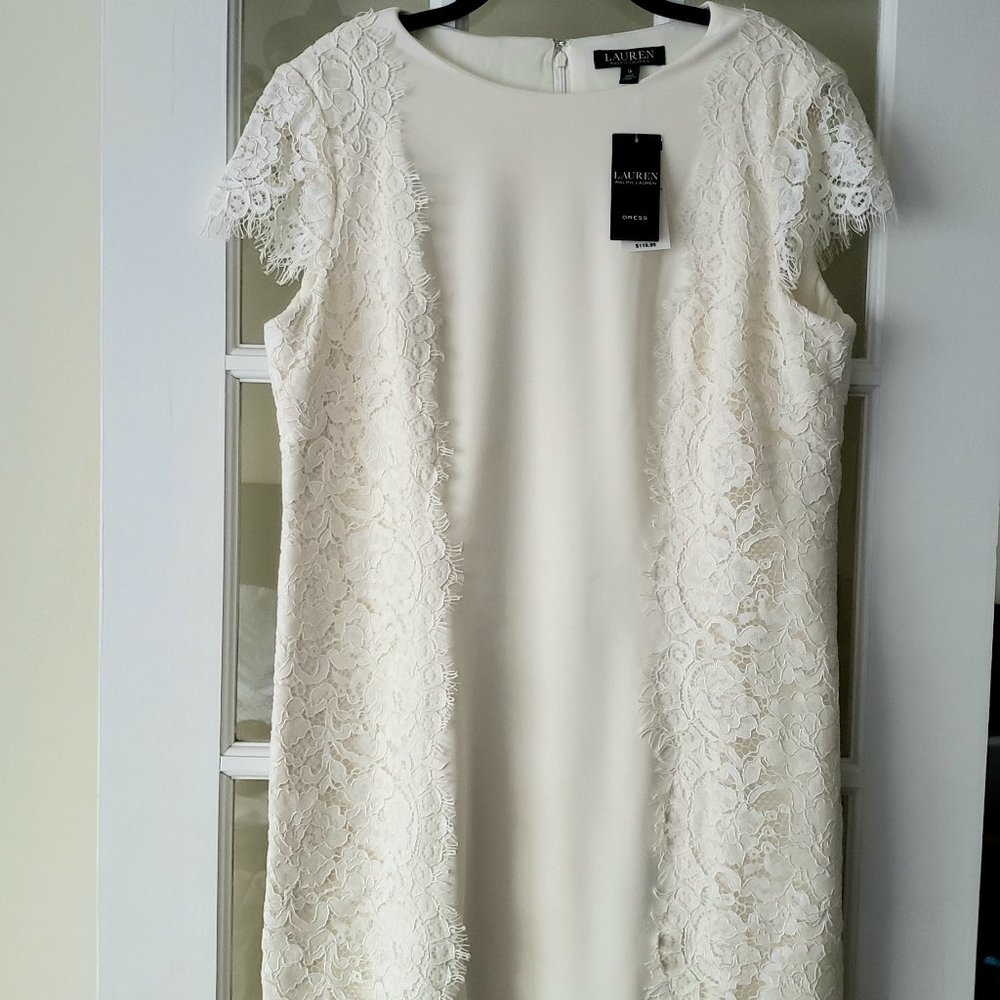 White Sheath Dress with Lace Trim & Cap Sleeve